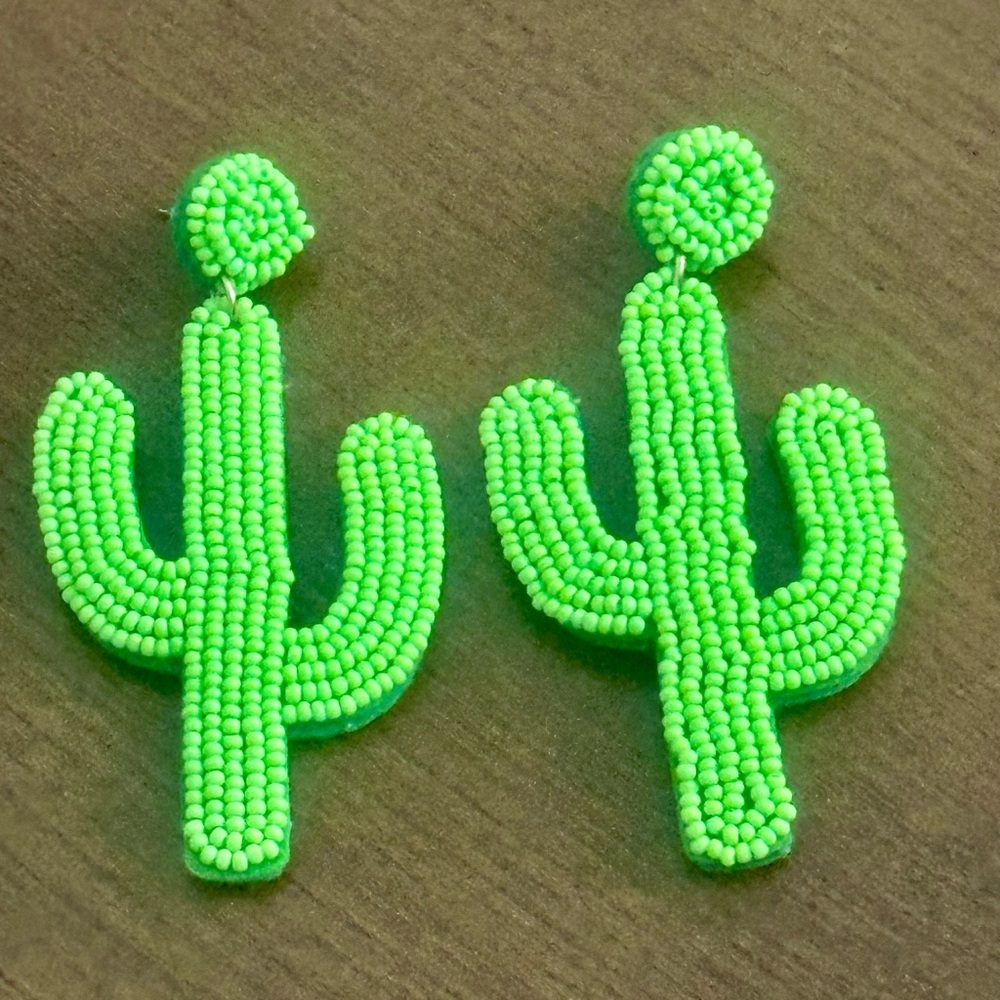 Neon Green Beaded Cactus Saguaro Earrings Handmade